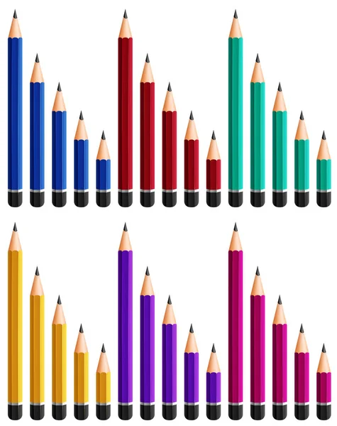 Different sizes of pencils in six colors — Stock Vector