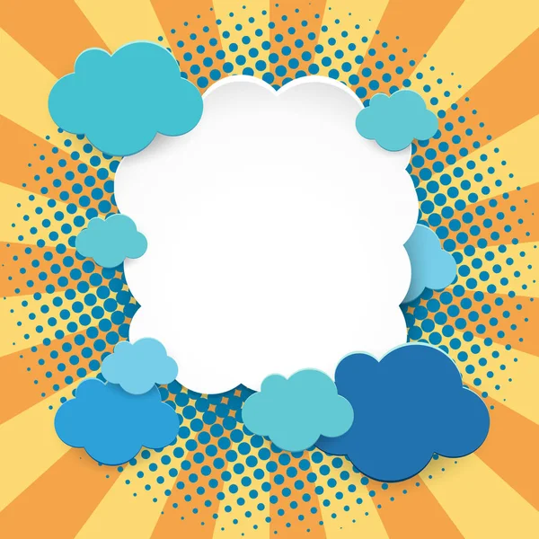 Plantilla de marco con nubes azules sobre fondo naranja — Vector de stock