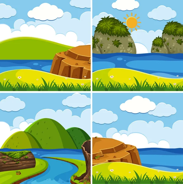 Four scenes of river and lake at day time