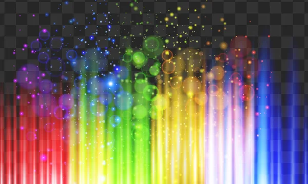 Luces brillantes en colores arcoíris sobre fondo negro — Vector de stock