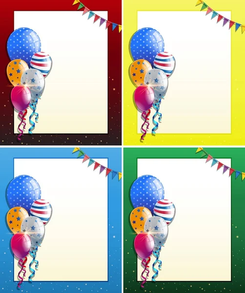 Desenhos de quatro molduras com balões e bandeiras de festa —  Vetores de Stock