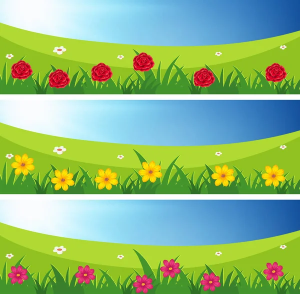 꽃과 함께 필드의 세 장면 — 스톡 벡터