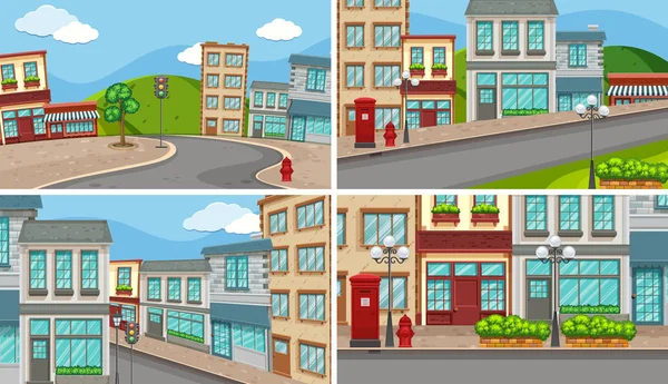 Four city scenes with many buildings and empty roads — Stock Vector
