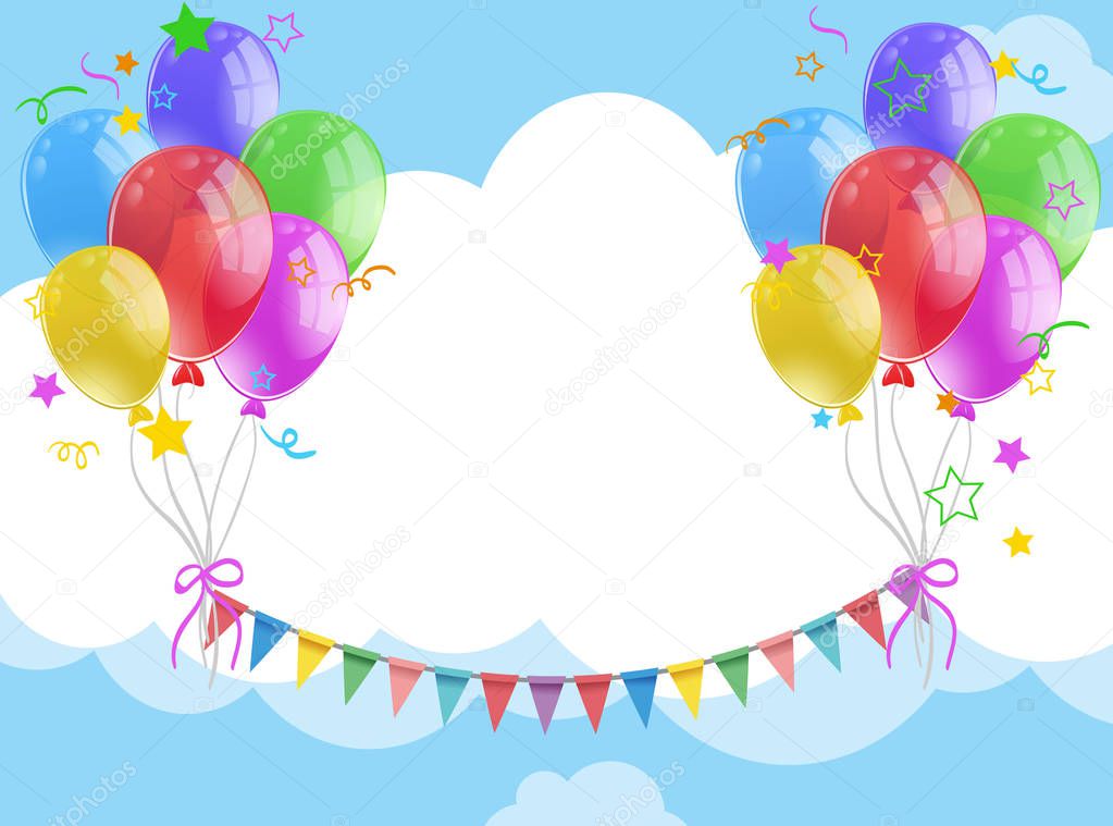 Background template with balloons and flags in the sky
