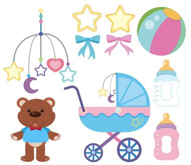 Bebek beyaz arka plan üzerinde farklı aksesuarlar