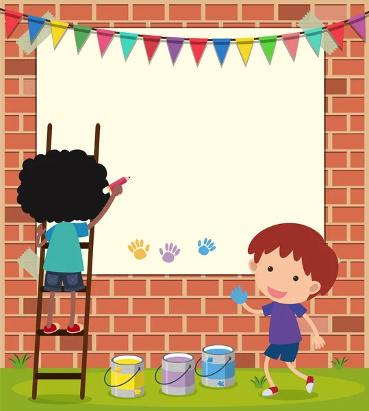 Plantilla de frontera con dibujo de niños en la pared — Vector de stock