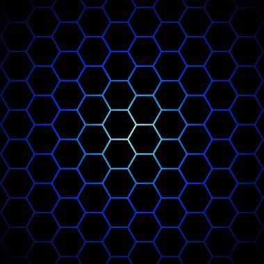 Siyah zemin üzerine mavi altıgenler