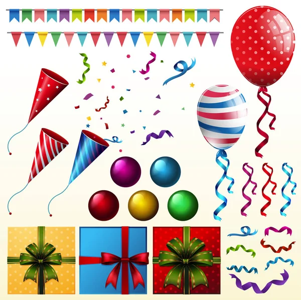 Elementos de fiesta con globos y regalos — Vector de stock