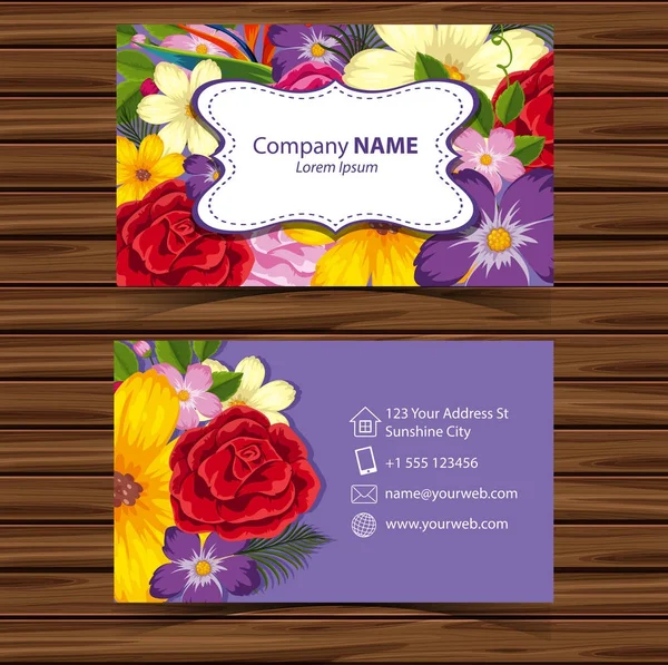 Businesscard sjabloon met bloemen op paarse achtergrond — Stockvector