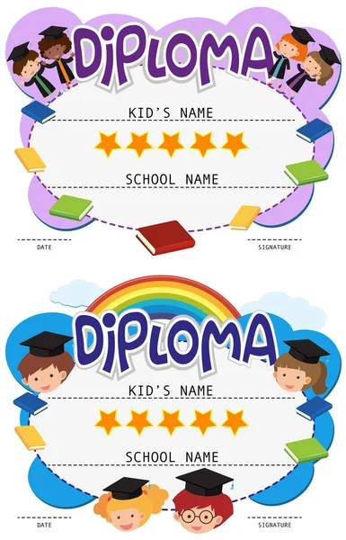 Deux modèles de diplôme avec des enfants en robe de remise des diplômes — Image vectorielle