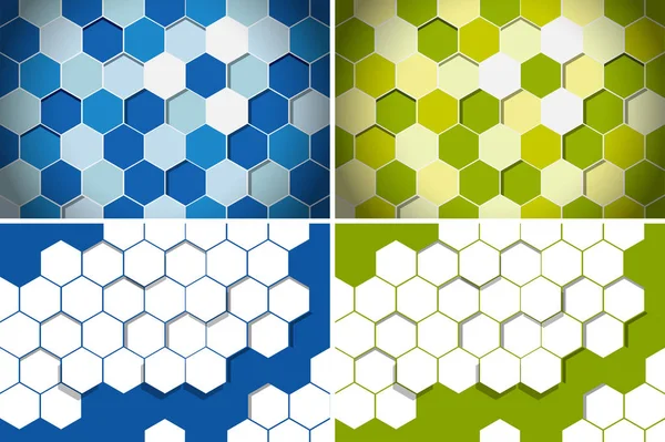 Cuatro diseños de fondo con hexágono en azul y verde — Archivo Imágenes Vectoriales