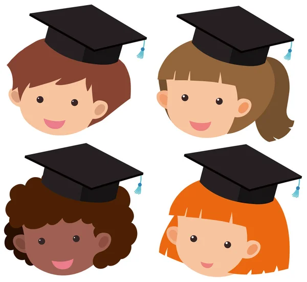 Quatre enfants portant un chapeau de graduation — Image vectorielle