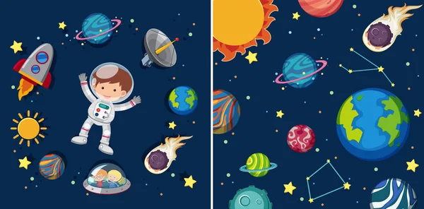 Two space scenes with planets and astronaut — Stock Vector