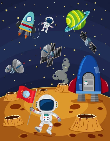 Διαστημική σκηνή με τους αστροναύτες και διαστημόπλοια — Διανυσματικό Αρχείο