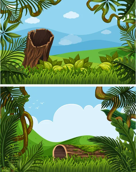 Två bakgrund scener med växter på kullarna — Stock vektor