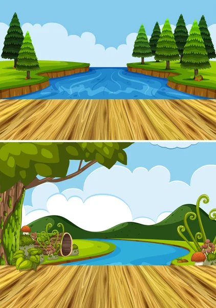 Dua latar belakang adegan dengan sungai dan pohon - Stok Vektor