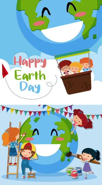지구상에서 아이 들과 함께 행복 한 지구의 날 포스터 — 스톡 벡터