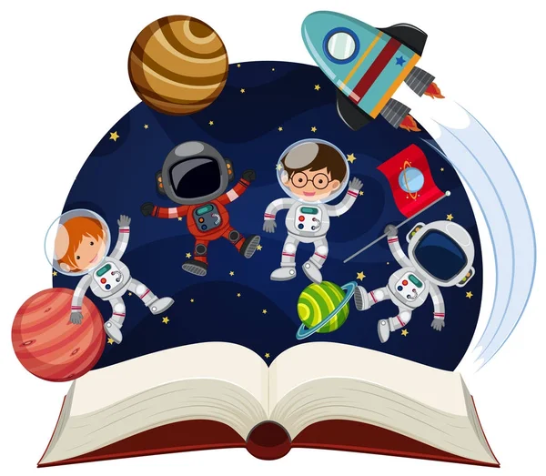 Kniha o astronomii s astronauty a planety — Stockový vektor