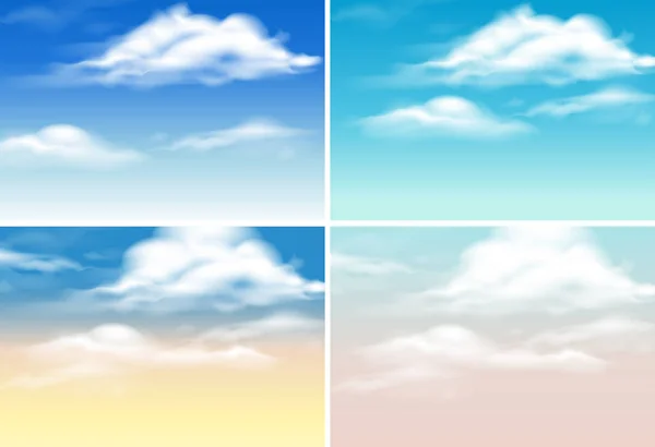 Quatre scènes de fond avec des nuages dans le ciel bleu — Image vectorielle