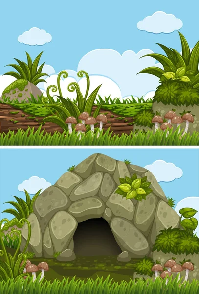Due scene di sfondo con grotta e log — Vettoriale Stock
