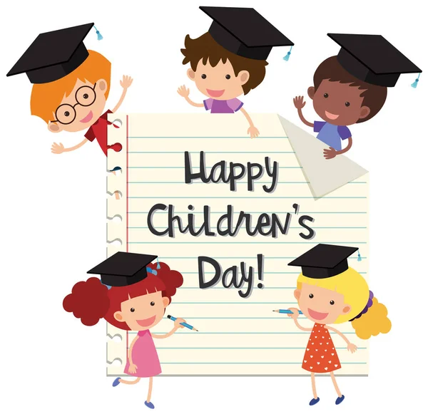 Feliz día de los niños con niños con gorras de graduación — Vector de stock