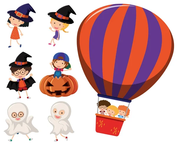 A gyerekek a halloween jelmezeket és a léggömb — Stock Vector