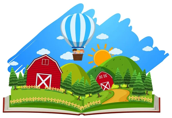 Bauernhofszene mit Scheunen und Luftballon im Buch — Stockvektor