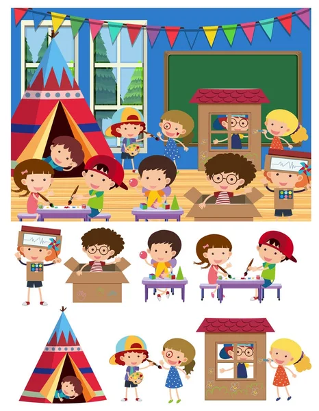 Niños jugando y aprendiendo en el aula — Vector de stock