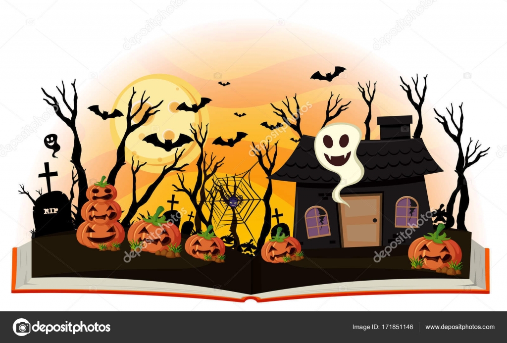 Libro de Halloween con jack-o-linterna y casa embrujada vector, gráfico  vectorial © brgfx imagen #171851146