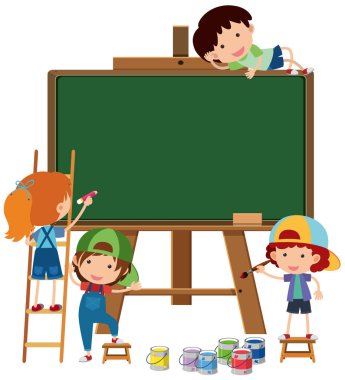 Boş yazı tahtası ve dört mutlu çocuk