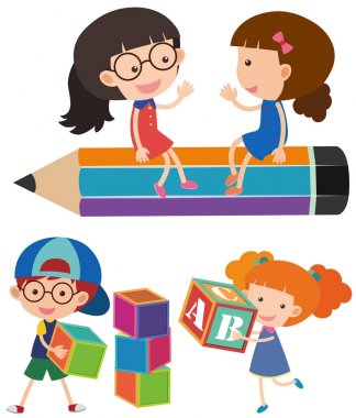 Blokları ve kalem ile mutlu çocuk