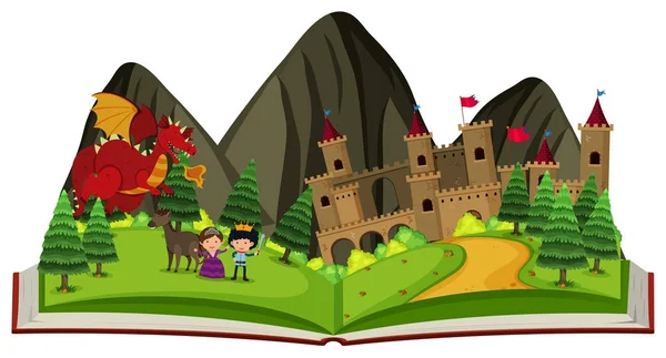 Verhalenboek met draak in het kasteel — Stockvector