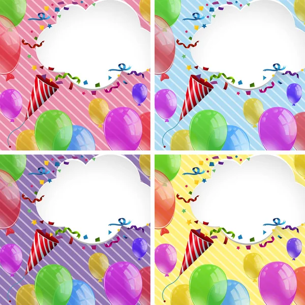 Cuatro fondos con cintas de fiesta y globos — Vector de stock