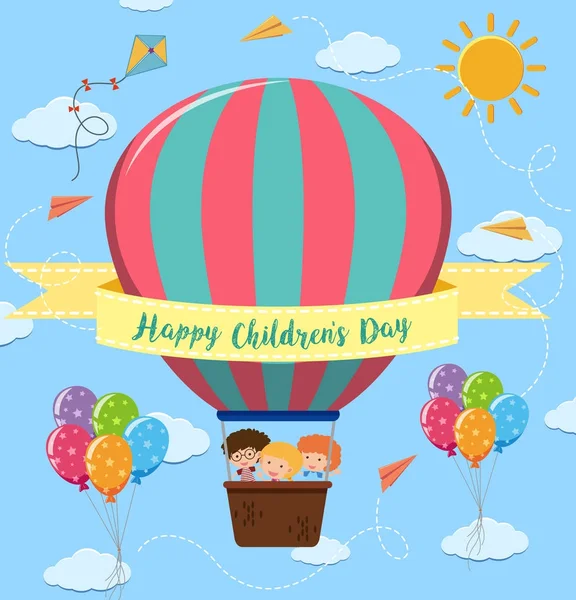 Happy children's day poster with kids riding balloon — Stock Vector