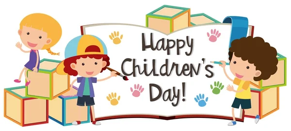 Dag van de gelukkige kinderen met kinderen en blokken — Stockvector