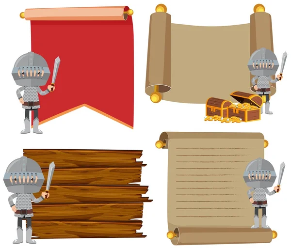 Plantilla de cuatro banners con caballeros medievales — Vector de stock