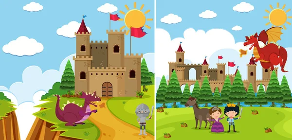 Две фоновые сцены с драконом и рыцарем — стоковый вектор