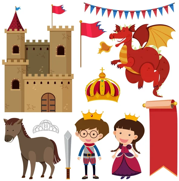 Torres del castillo y diferentes personajes de cuento de hadas — Vector de stock