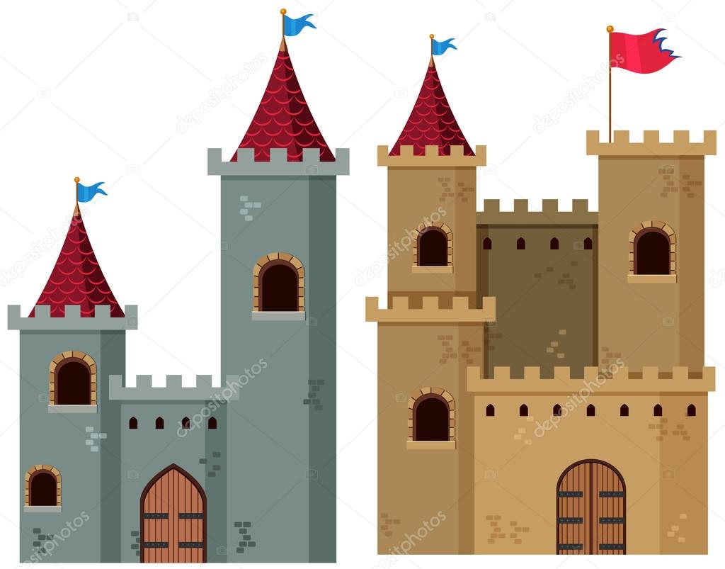 Two castle towers with flags
