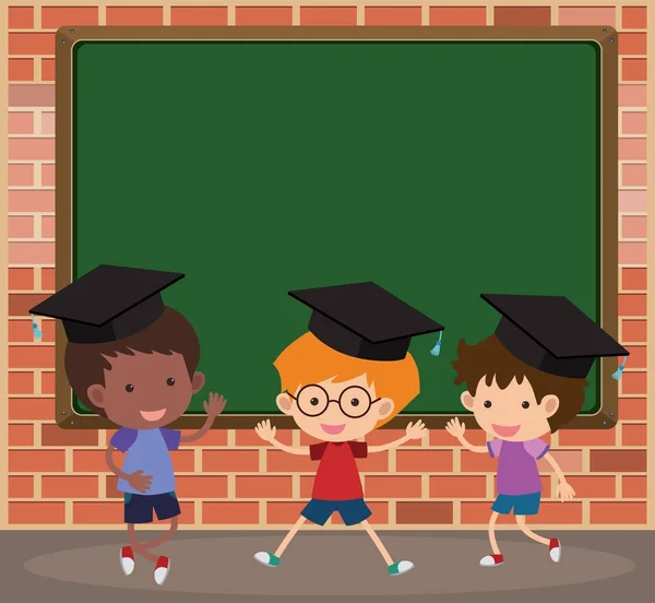 Шаблон дошки з дітьми, які носять випускні шапки — стоковий вектор