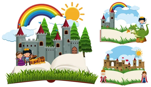 Storybook with fairytale characters and castles — Stock Vector