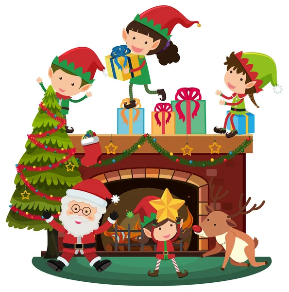 Santa y los elfos en la noche de Navidad — Vector de stock