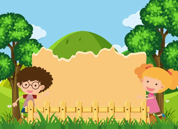 Modèle de frontière avec garçon et fille dans le parc — Image vectorielle
