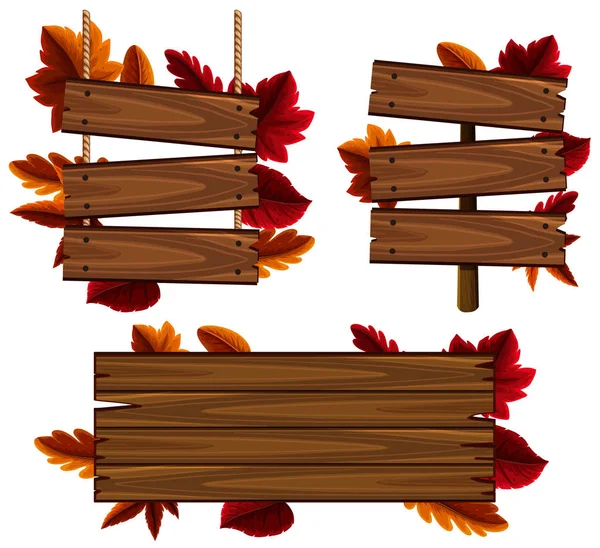 Signos de madera con hojas en el fondo — Vector de stock