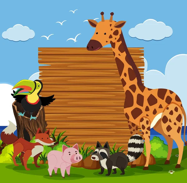 Wooden board template with wild animals in garden — Stock Vector