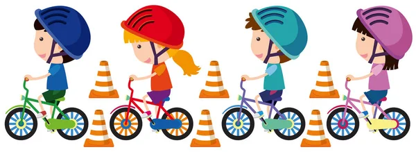 Enfants en vélo avec casque sur — Image vectorielle