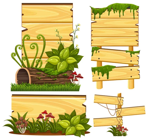 Drewniany znak szablon z mchu i grzyb — Wektor stockowy