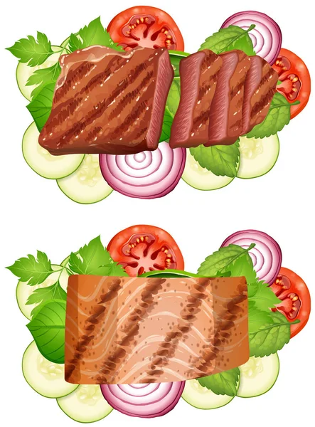Bistecca di manzo e salmone con verdure — Vettoriale Stock