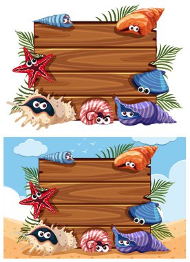 Kabukları ve deniz yıldızı ile iki ahşap işaretler