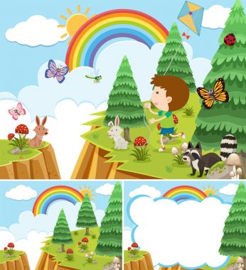 Çocuk ve birçok hayvan ile doğa sahneleri